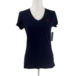 U.S. Polo Assn. Womens Navy Blue V-Neck T-Shirt Casual With Red Logo Size S